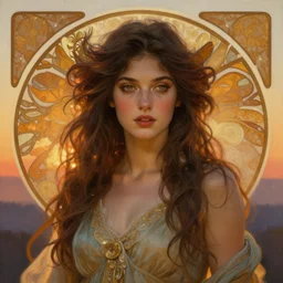portrait of a beautiful alluring female nature spirit goddess at sunset, detailed, centered, digital painting, artstation, concept art, donato giancola, Dante Gabriel Rossetti, alphonse mucha, Joseph Christian Leyendecker, WLOP, Boris Vallejo, Breathtaking, 8k resolution, extremely detailed, beautiful, establishing shot, artistic, hyperrealistic, beautiful face, octane render
