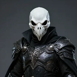 hyper realistic digital art portrait of a villain wearing white bird skull mask, and high tech intricate armor and a black cloak.