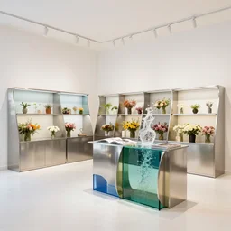 flower retail store, minimal, stainless wave steel and color glass, frame magazine, archidaily, bright light enviroment, contemporary art and sculpture of water, trending on artstation, octane rendering