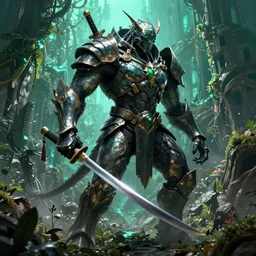 neo - gothic giant muscular humanoid chimera, exoskeleton armor, holding katana, dystopian ruins covered in vegetation, highly detailed smooth concept art masterpiece, vitaly bulgarov giger dramatic dark teal light, ground angle hd 8 k, sharp focus
