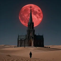 Satanic church on a desert, red moon, by Dariusz Zawadzki and zdzisaw beksinski, imax film quality, trending on Artstation