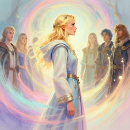 side profile portrait, medium shot, imogen poots, paladin, gloomhaven, fantasy robe, colorful swirly magic ripples, pastel colours, by greg manchess, huang guangjian, sachin teng, greg rutkowski, jesper ejsing, ilya kuvshinov