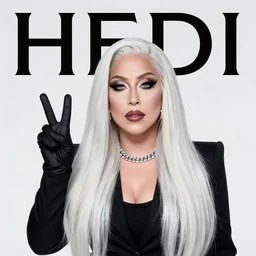 lady gaga with long white hair holding a peace sign, an album cover by Hedi Xandt, featured on deviantart, holography, smokey background, matte background, seapunk High resolution. Highly detailed. Dramatic. 8k.4k.