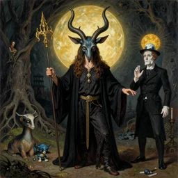 Aleister Crowley with baphomet, by Raphael Hopper, and Rene Magritte. Highly detailed, Occult funny, humorous, funny, enchanting, magical, trending on artstationHQ
