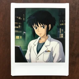 a full body polaroid portrait of a 1 9 9 0's disney girl grumpy detective wearing lab coat with short black hair with bun and fringes working in a paranormal city, finely detailed features, city, closeup, green light, grimdark, gapmoe yandere, trending on pixiv fanbox, painted by greg rutkowski makoto shinkai takashi takeuchi studio ghibli,