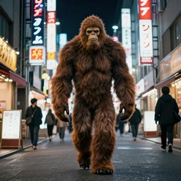 - i bigfoot walking through the streets of Japan with neon signs lining the streets illumated