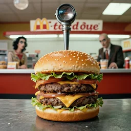 the strange cheeseburger creature at the fast food place, film still from the movie directed by denis villeneuve and david cronenberg with art direction by salvador dali and zdzisław beksinski, wide lens