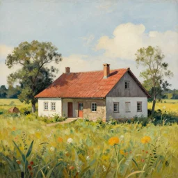 a country side house in a field. regionalism artwork