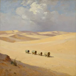 distant shot of a caravan traveling through a desert valley, oil painting, in the style of John Martin