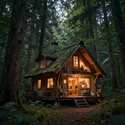 my grandpa build a cozy large scale cabin in middle of the deep forest, forest demigod headquarter, artistic photo composition, lot of ornamental dim soft lights