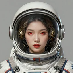 Portrait of very very very very very very beautiful Asian woman, spacesuit, wearing a helmet, red eyes, intricate, elegant, highly detailed, digital painting, artstation, concept art, smooth, sharp focus, illustration, art by artgerm and greg rutkowski and alphonse mucha