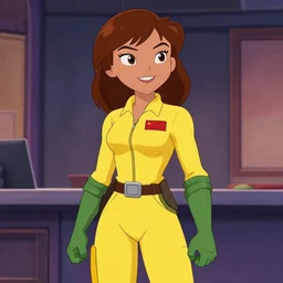 beautiful brown hair female reporter in a yellow jumpsuit character april o ’ neil from teenage mutant ninja turtles ( tmnt 1 9 8 7 )