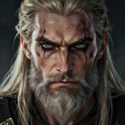 geralt of rivia with long beard and intense eyes, black veins around eyes, scarred, close up, rim lighting, portrait, sinister atmospheric lighting. highly detailed painting by greg rutkowski, anime style