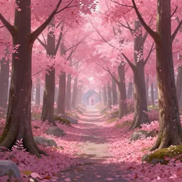 forest town, pink leaves, artstation, jakub rozalski