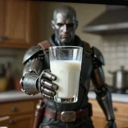 mr. house on the screen holds a faceted glass of milk in one of the manipulators, realism, reflections, metal body, in the kitchen, in the style of fallout 4,