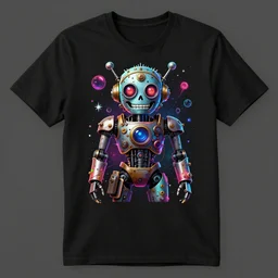 mockup of a black tshirt with a hyperdetailed portrait of a steampunk robot on lsd, 8 k, symetrical, flourescent colors, happy trippy mood, multicolored,