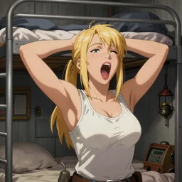 Character portrait of a tank top-clad blonde female airship mechanic stretching and yawning in her cramped bunk, steampunk, defined facial features, highly detailed, digital illustration, Akihiko Yoshida, James_Jean_Andrei_Riabovitchev_Marc_Simonetti, Yoshitaka Amano