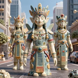 ceramic neocyberpunk in tribal regalia, on the street under skyline buildings and streets, an idea seep's into infinity highly detailed 3 d in volumetric latent space, cinematic light, sharp focus, divine realm of gods, octane render,