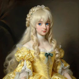 portrait rococo painting of Princess Riliane Lucifen d'Autriche Vocaloid kagamine Rin with detailed blue eyes, yellow dress, by Jean‑Honoré Fragonard