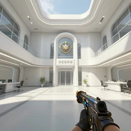 screenshot of a first person shooter game on unreal engine 5, modern government office facility with white dry wall, photorealistic, retrofuturism, concept art, trending on artstation