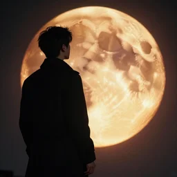 The man in the black coat looking at the great burning moon, hyperrealistic, high detalied, 8K, high quality, high rendering,