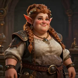 Portrait | chubby plump female dwarven cook| complex cooking outfit | complex adorned braided hair | style by greg rutkowski, larry elmore, giotto dramatic light | high detail | cinematic lighting | artstation |shorty broad fat woman| happy hearty expression | dungeons and dragons |