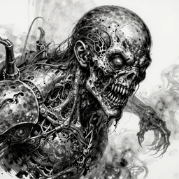 head ans shoulder of one and unique giant robot, ricardo federici, epic composition, feng zhu, masterpiece, ink draw, horror, creepy, volume light, black and white high resolution, 8 k, highly detailed, processing, extremely hyperdetailed