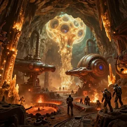 gigantic cave interior with glowing stalagtites and stalagmites  biochemical glowing  bulbous planetarium interior of the matrix nebuchadnezzar biomechanical gieger, 3d rendered steampunk, iron smelting pits, dungeons and dragons, mines, high tech industrial and maschinen krieger, warm saturated colours, mri machine millennium falcon space-station Vuutun Palaa with massive piping inspired by a nuclear reactor submarine, ilm, beeple, star citizen halo, mass effect, starship troopers, elysium