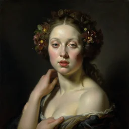 oil painting portrait dark background of a seductive mutant wonderful symmetrical woman with a beautiful face with a strange disturbing face made of flowers and starnge texured surfaces by otto marseus van schriek rachel ruysch tom bashow, dutch golden age dramatic lighting chiaroscuromodern woman | hyperrealistic | action pose | digital painting | trending on artstation, pinup portrait, clean, illustration