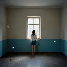 girl staring out small window in colored painted wall in empty church room, 2 0 0 2 digital camera photo, liminal space, washed out, soft light, melancholy, camera orbs, dust artifact