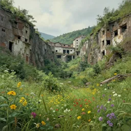 a beautiful detailed rendering of abandoned building urbex valley by peter doig, scumm bar universe nature flowers, archdaily, wallpaper, highly detailed, trending on artstation.