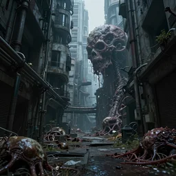 high definition abandoned futuristic city with fleshy biological infestation in a dark cyberpunk alleyway