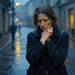 portrait of a sad middle - aged woman, rain, street at night, melancholy, art by rebecca guay and alphonse mucha