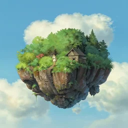 a floating island in the sky, by hayao miyazaki, studio ghibli