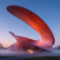 sculptural curved roof planes lift and descend creating shade and architectural expression, boolean subtraction dramatic void form, highly detailed, vivid color, mist, dusk, axonometric