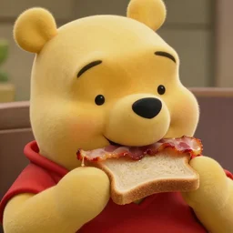 close up of winnie the pooh eating bacon sandwich, cinematographic shot, by daniel f. gerhartz