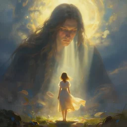 A giant with a girl, beautiful atmosphere, god rays, masterpiece digital painting by Anne Geddes, Aleksi Briclot, Beeple, 4k wallpaper