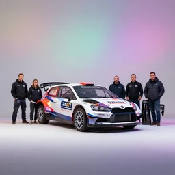 sport rally car without paint job by sebastian luca and pablo carpio and edgaras cernikas and wang ke and damon greenhalgh, in wide view shot. blank background with some dreamy color lights.