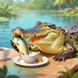a curious indian gharial eating fish for breakfast digital art, artstation, colorful n 9
