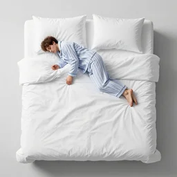 a very huge bed, empty, white wrinkled sheets, in which a young man, in striped pajamas, is floating!!! above the bed, sleeping on his side, ultrawide shot, aerial view, general llustration, 8 k, sharp focus, studio light, trending on artstation