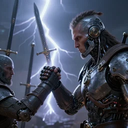 highly detailed portrait of barbarians fist bumping in front of swords, lightning in background, cybernetic enhancements as seen from a distance, scifi character portrait by greg rutkowski, esuthio, craig mullins, 1 / 4 headshot, cinematic lighting, dystopian scifi gear, gloomy, profile picture, mechanical, half robot, implants, solarpunk