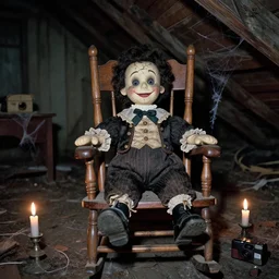 old flash photo of a creepy dirty smiling cracked victorian ventriloquist dummy sitting in a rocking chair in an old abandoned attic at night, candles, spider webs, disposable camera, wes anderson, greg rutkowski,