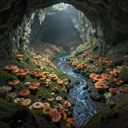 a colorful fungus garden in a cave, birds eye view, Hiroo Isono, dark, foggy, cavern, shy beetles, river running through it