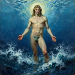 god of ocean, male character design, painting by gaston bussiere, craig mullins, greg rutkowski, tom of finland, trending on artstation