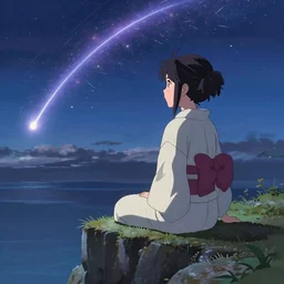 an anime girl wearing a kimono sitting on a cliff looking towards a meteor flying overhead, in the style of makoto shinkai - h 7 2 0 - w 1 2 8 0