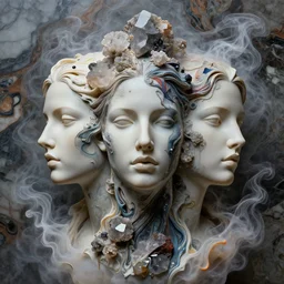 3 d head shot intricate portrait of the beautiful two supermodel female face sculpture mixed with liquid acrylic paint and smoke, intricate, elegant, abstract art, giant minerals, quartz and giant abstract marble painting surrounded by smoke and water energy flow. highly detailed. concept art. epic. octane render, excellent composition, venetian masterpiece by wlop, tooth wu, greg rutkowski, beeple, kandinski