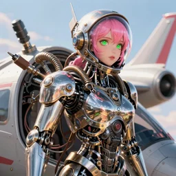 biomechanical female steampunk skeletonized robot fighter pilot mechanical girl with intricate shiny parts and pink hair and green eyes while helmet is jacked into the jet cockpit with many pneumatic tubes and electric cables. background air combat. beautiful detailed photorealitic octane unreal depth of field