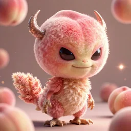 an alien with a face that looks like a fuzzy peach the peach is fuzzy pink warm and ripe the alien has horns and a mean smile the alien has chicken feet cruel smile, 4k, highly detailed, high quality, amazing, high particle effects, glowing, majestic, soft lighting, detailed background, warmth