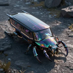 photo of an iridescent skin futuristic pod organic vehicle with aerodynamic fins, box - shaped dark glass and plastic, venturi tunnels, neon lights, stag beetle shape, octane render