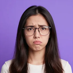 portrait of a confused woman, raised eyebrow, glasses, purple background, art by ross tran